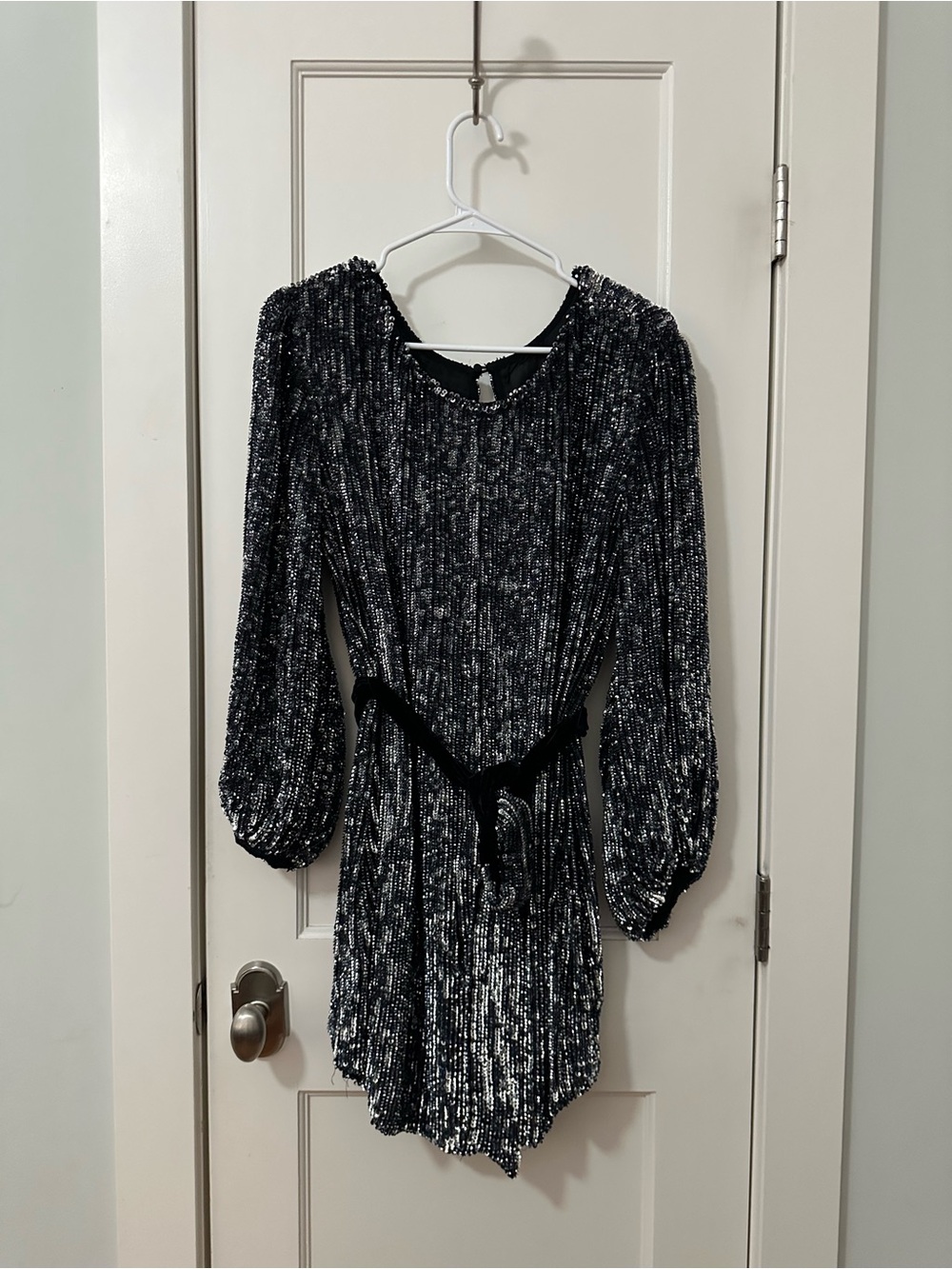 Retrofete - Sparkling Black Silver Sequin Dress with Velvet Tie